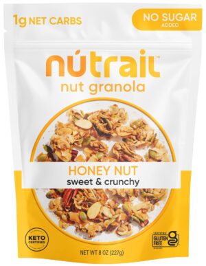 NuTrail Nut Granola Cereal, Honey Nut, No Sugar Added, Keto, Low Carb, Gluten Free, Grain Free, Healthy Breakfast 8 oz. 1 Count NuTrail Nut Granola Cereal, Honey Nut, No Sugar Added, Keto, Low Carb, Gluten Free, Grain Free, Healthy Breakfast 8 oz. 1 Count