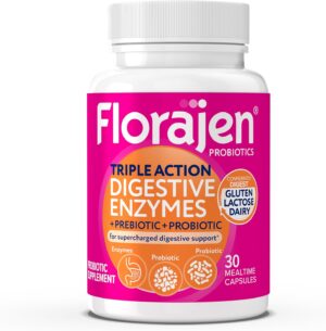 Florajen Digestive Enzymes with Probiotics & Prebiotics – Triple-Action Formula for Gut Health, Bloating, & Gas Relief – Supports Gluten & Dairy Digestion – Clean, Non-GMO – 30-Count