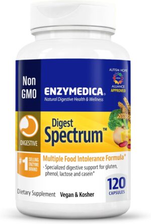 Enzymedica Digest Spectrum, Digestive Enzymes for Multiple Food Intolerances, Offers Fast-Acting Gas & Bloating Relief, 120 Capsules FFP