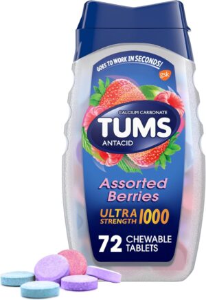 TUMS Ultra Strength Chewable Antacid Tablets for Heartburn Relief and Acid Indigestion Relief, Assorted Berries – 72 Count