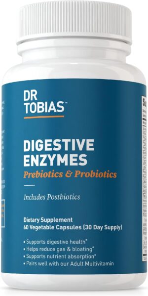 Dr. Tobias Digestive Enzymes with Probiotics, Prebiotics and Postbiotics Bromelain, Amylase, Lipase, for Better Digestion & Immune Function, 60 Capsules, 30 Servings (2 Daily)