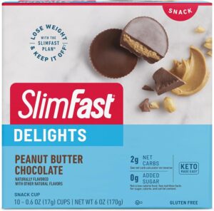 SlimFast Delights Peanut Butter Chocolate Snack Cup, 0g Added Sugar, 2g of Net Carbs, 10 Count SlimFast Delights Peanut Butter Chocolate Snack Cup, 0g Added Sugar, 2g of Net Carbs, 10 Count