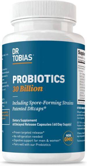 Dr. Tobias Probiotics 30 Billion, 10 Strains, 30 Billion CFU’s, Targeted Release Probiotics for Women & Men, Supports Digestive Health, Shelf-Stable, Non-GMO, 60 Capsules, 60 Servings