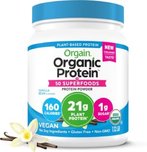 Orgain Organic Vegan Protein + 50 Superfoods Powder, Vanilla Bean – 21g Plant Based Protein, 8g Prebiotic Fiber, No Lactose Ingredients, Gluten Free, No Added Sugar, 1.12 lb (Packaging May Vary)