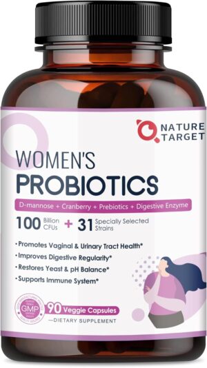 NATURE TARGET Probiotics for Women, 100 Billion CFUs Probiotic with Digestive Enzymes & Prebiotics, Vaginal Probiotics with Cranberry for Urinary Tract Health, pH Balance, 90 Veggie Capsules