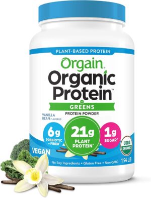 Orgain Organic Vegan Protein Powder + Greens, Vanilla Bean – 21g Plant Based Protein, Gluten Free, Dairy Free, Lactose Free, Soy Free, No Sugar Added, With Iron & Prebiotics for Gut Health – 1.94lb