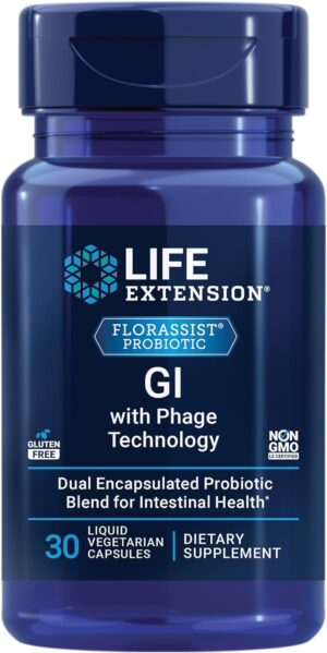 Life Extension FLORASSIST GI with Phage Technology, digestive health, probiotic support, nutrient absorption, 7 probiotic strains, bacteriophage blend, 30 liquid vegetarian capsules Life Extension FLORASSIST GI with Phage Technology, digestive health, probiotic support, nutrient absorption, 7 probiotic strains, bacteriophage blend, 30 liquid vegetarian capsules