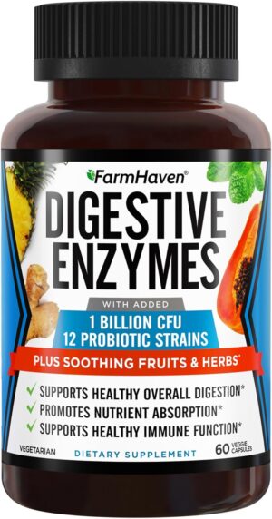 FarmHaven Digestive Enzymes with 18 Probiotics & Herbs | Papaya, Bromelain, Protease & More for Lactose Absorption & Better Digestion | Helps Bloating, Gas, Constipation | Vegetarian, 60 Capsules