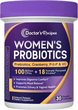 Doctor’s Recipes Probiotics for Women, 100 Billion CFU, 18 Probiotic Strains, Prebiotics, Cranberry, P-5-P & VC, Vaginal, Digestive, Mood, Urinary Tract Health, Shelf-Stable, 30 Vegan Caps Doctor’s Recipes Probiotics for Women, 100 Billion CFU, 18 Probiotic Strains, Prebiotics, Cranberry, P-5-P & VC, Vaginal, Digestive, Mood, Urinary Tract Health, Shelf-Stable, 30 Vegan Caps