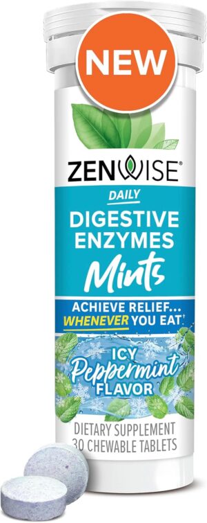 Zenwise Health Papaya Enzymes Chewable, Digestive Enzymes for Women and Men, Bromelain for Digestive Health & Bloating Relief, Enzymes for Digestion and Gut Health, Peppermint Flavor – 30 CT