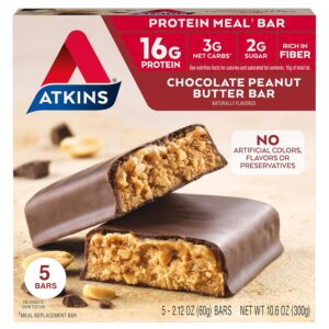 Atkins Chocolate Peanut Butter Protein Meal Bar, High Fiber, 16g Protein, 2g Sugar, 3g Net Carb, Meal Replacement, Keto Friendly, 5 Count Atkins Chocolate Peanut Butter Protein Meal Bar, High Fiber, 16g Protein, 2g Sugar, 3g Net Carb, Meal Replacement, Keto Friendly, 5 Count