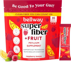 Bellway Super Fiber Packets + Fruit, Sugar Free Organic Psyllium Husk Powder Fiber Supplement to Go for Regularity, Bloating Relief & Digestive Health, Plant-Based, Raspberry Lemon (16 Packets)
