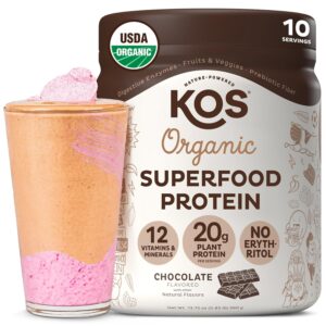 KOS Vegan Protein Powder, Chocolate USDA Organic – Low Carb Pea Protein Blend, Plant Based Superfood with Vitamins & Minerals – Keto, Soy, Gluten Free – Meal Replacement for Women & Men – 10 Servings