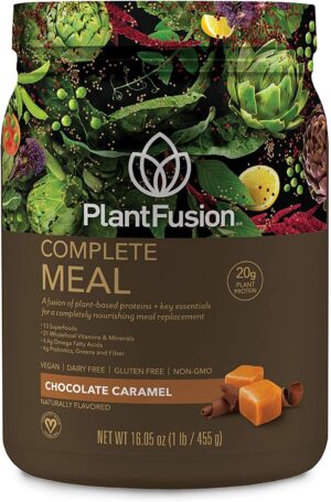 PlantFusion Complete Meal Replacement Shake – Plant Based Protein Powder with Superfoods, Greens & Probiotics – Vegan, Gluten Free, Soy Free, Non-Dairy, No Sugar, Non-GMO – Chocolate Caramel 1 lb