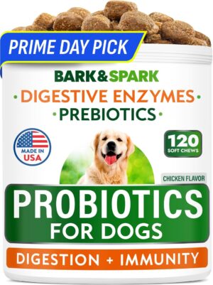 BARK&SPARK Dog Probiotics for Digestive Health w/Enzymes – Diarrhea Gas Treatment Upset Stomach Relief – Allergy & Itchy Skin – Pet Probiotics for Dogs – Digestion Supplement Treat (120Ct Chicken)