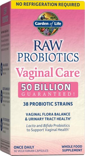 Garden of Life RAW Probiotics Vaginal Care Shelf Stable – 50 Billion CFU Guaranteed Through Expiration, Acidophilus – Once Daily – Certified Gluten Free – No Refrigeration – 30 Vegetarian Capsules
