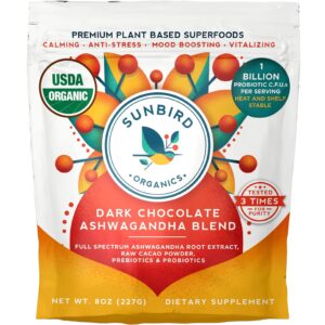Chocolate Powder with Organic Ashwagandha Root Extract, Cacao Powder, Probiotics & Prebiotic Fiber. Smoothie Mix and Healthy Hot Chocolate. Everyday Bliss with Focus, Calm & Stress Support.