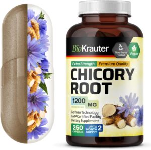 BIO KRAUTER Chicory Fiber Supplement – 1200 mg Strength – 250 Count – Chicory Root Powder – Inulin Capsules for Digestive Support – Vegan BIO KRAUTER Chicory Fiber Supplement – 1200 mg Strength – 250 Count – Chicory Root Powder – Inulin Capsules for Digestive Support – Vegan