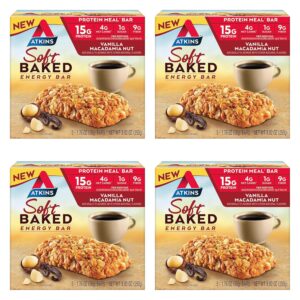 Atkins Vanilla Macadamia Nut Flavored Soft Baked Energy Bars, High in Protein, Low Sugar, High Fiber Snack, Protein Snack, 4 Packs (4 Bars Each)