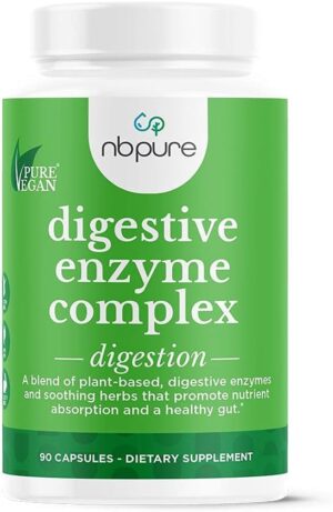 Nbpure Vegan Digestive Enzyme Complex – Daily Bloating, Gas, & Food Digestive Support for Women & Men – 12 Enzymes & 3 Herbs – Lactase, Protease, Lipase, Ginger, Cinnamon, Peppermint + More