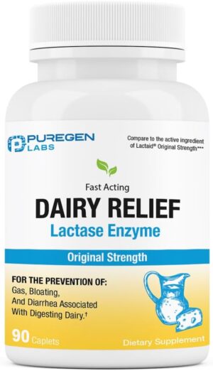 Puregen Labs Dairy Relief Natural Fast Acting Lactase Enzyme 3000 FCC, Lactose Intolerance Pills 90 Caplets