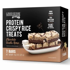 Protein Crispy Rice Treats, 15g Protein, 3g-7g Net Carbs, Low Carb, Fluffy, Soft, Chewy, Gluten Free, High Fiber, Keto-Friendly, No Aftertaste (Chocolate Vanilla Remix, 1 Pack)