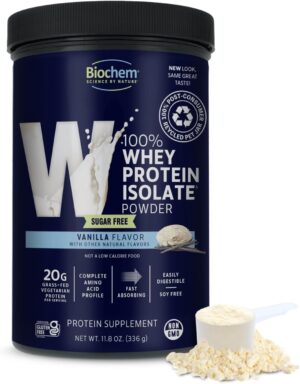 Biochem 100% Whey Sugar-Free Vanilla 20g, 11.8oz, Certified Vegetarian, Certified Gluten Free, Certified Non-GMO Tested, Keto Friendly, Grass-Fed