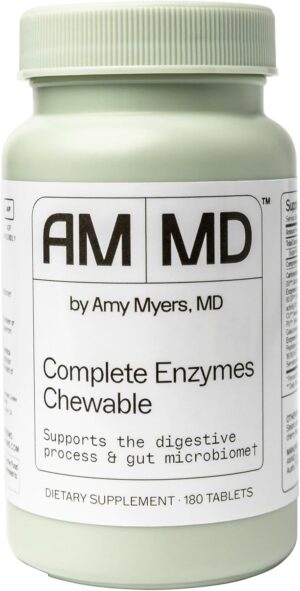 Amy Myers MD Digestive Enzymes Chewable – Complete Enzymes Support Leaky Gut, Acid Reflux, Gas, Bloating, Gluten Exposure – Amylase, Lipase, Lactase, Alkaline, Protease, Sucrase + More – 180 Tablets