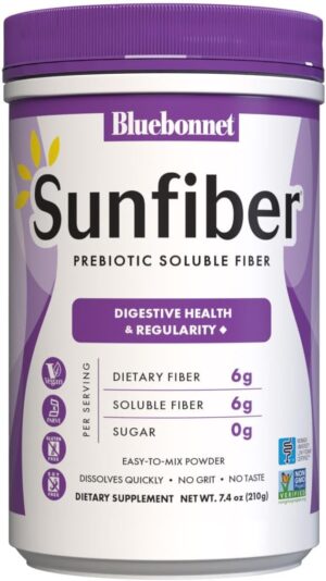 BlueBonnet Nutrition Sunfiber – 6 g of Plant Based Prebiotic Soluble Fiber – Supports Digestive Health* – Instant Dissolve – Non-GMO, Vegan, Kosher, Low-FODMAP – Unflavored, 7.4 OZ, 30 Servings