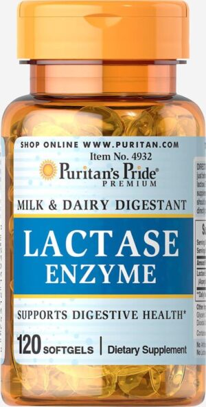 Puritan’s Pride Lactase Enzyme, Milk and Dairy Digestant, Dietary Supplement Support for Digestion, and Cellular Energy Support, 40 Day Supply, 120 Softgels
