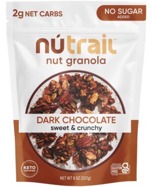 NuTrail Nut Granola Cereal, Dark Chocolate, No Sugar Added, Keto, Low Carb, Gluten Free, Grain Free, Healthy Breakfast 8 oz. 1 Count NuTrail Nut Granola Cereal, Dark Chocolate, No Sugar Added, Keto, Low Carb, Gluten Free, Grain Free, Healthy Breakfast 8 oz. 1 Count
