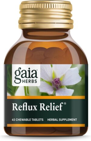 Gaia Herbs Reflux Relief – with Marshmallow Root, Chamomile, Aloe, Licorice, and High Mallow – Helps with Occasional Heartburn and Relieve Indigestion – 45 Chewable Tablets (45-Day Supply)