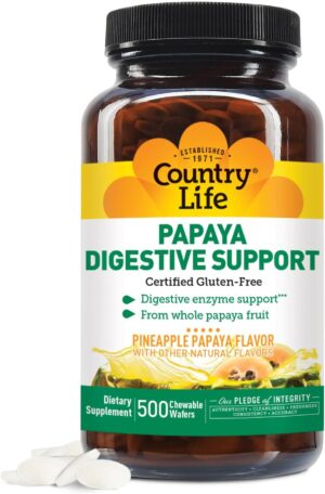 Country Life Chewable Papaya Enzymes for Digestion Support – Natural Pineapple & Papaya Flavor, Assists with Nutrient Absorption, Contains Papain & Protease – 200 and 500 Wafers Available