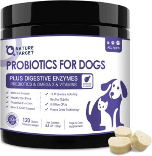 NATURE TARGET Probiotics for Dogs, 6 Billion Freeze Dried Dog Probiotics with Prebiotics & Enzymes, Vitamins, Omega 3, for Digestive & Gut Health, Itch Relief, Reduce Diarrhea, 120 Bites