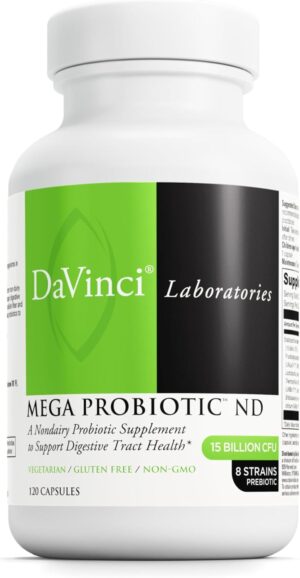 DAVINCI Labs Mega Probiotic ND – Non-Dairy Probiotic Supplement Supports Gut, Digestive & Brain Health* – Gut Health Support Supplement with Non-Dairy Complex* – 120 Vegetarian Caps