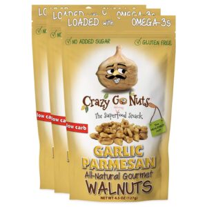 Crazy Go Nuts Walnuts Garlic Parmesan – Healthy Snacks, Keto, Low Carb, Gluten Free, Superfood-Natural, ALA, Omega 3 Fatty Acids, Good Fats, and Antioxidants – 4.5 Oz, 3-Pack