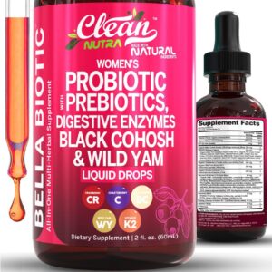 Liquid Probiotics for Women Drops with Chasteberry, Black Cohosh, Prebiotics, Digestive Enzymes, Evening Primrose Oil, Wild Yam, Cranberry Dmannose and Iron Vitamin D3 K2 Clean Nutra Bella Biotics