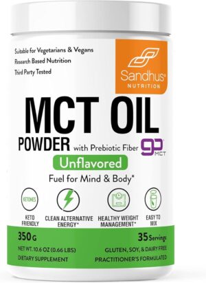 Sandhu’s MCT Oil Powder with Prebiotic Fiber | 35 Servings | Organic – Keto | Fatty Acid Fuel for Body & Brain | 100% Coconut Oil derived, Easy to Mix, 10.6 Oz Sandhu’s MCT Oil Powder with Prebiotic Fiber | 35 Servings | Organic – Keto | Fatty Acid Fuel for Body & Brain | 100% Coconut Oil derived, Easy to Mix, 10.6 Oz