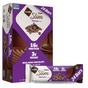 Nugo Slim Dark Chocolate Espresso, 16g Vegan Protein, 3g Sugar, 7g Fiber, Low Net Carb, Keto Friendly, Gluten Free, 24 Count Nugo Slim Dark Chocolate Espresso, 16g Vegan Protein, 3g Sugar, 7g Fiber, Low Net Carb, Keto Friendly, Gluten Free, 24 Count