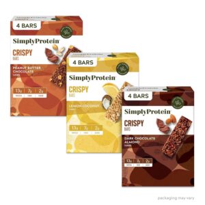 Simply Protein – Crispy Vegan Protein Bars Variety Pack, 3 Flavors – Plant Based, Protein Snacks – 13g Protein, 2g Sugar, 7g Fiber – Gluten Free, Non GMO, Kosher – 12 Bars, 3 Boxes