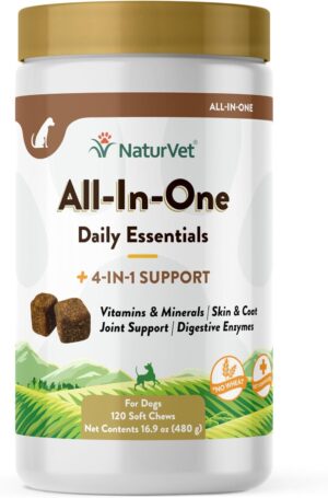 NaturVet All-in-One Dog Supplement – for Joint Support, Digestion, Skin, Coat Care – Dog Multivitamins with Minerals, Omega-3, 6, 9 – Wheat-Free Vitamins for Dogs – 120 Soft Chews