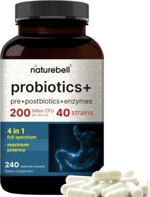 Probiotic 200 Billion CFU – 40 Strains Per Serving | 240 Veggie Capsules with Prebiotics and Probiotics for Digestive Health – Gut Health & Bloating Support | Daily Probiotics for Women & Men