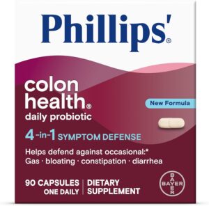 Phillips’ Colon Health Daily Probiotic Capsules, 4-in-1 Symptom Defense to Help Defend Against Occasional Gas, Bloating, Constipation, and Diarrhea, Daily Supplement, 90 Count