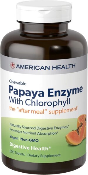 American Health Papaya Enzyme Chewable Tablets – Promotes Nutrient Absorption, Helps Digestion and Freshens Breath with Chlorophyll & Pepermint Oil – Gluten-Free, Vegetarian – 600 Count