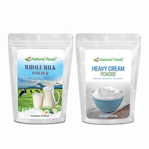 Z Natural Foods Whole Milk Powder & Heavy Cream Powder Bundle – Nutrient-Dense, Non-GMO, Keto-Friendly, Gluten-Free, Kosher-Certified – Perfect for Coffee, Baking, Cooking & Recipes – 2 x 1 lb Packs