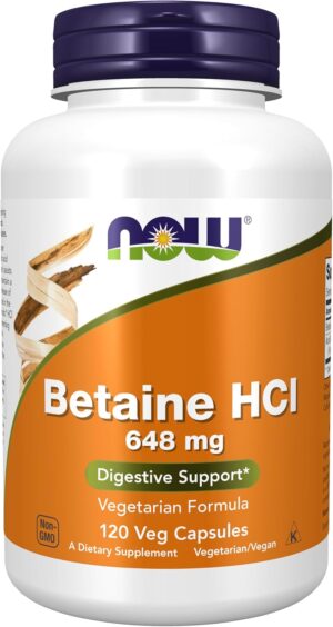 NOW Foods Supplements, Betaine HCl 648 mg, Vegetarian Formula, Digestive Support*, 120 Veg Capsules