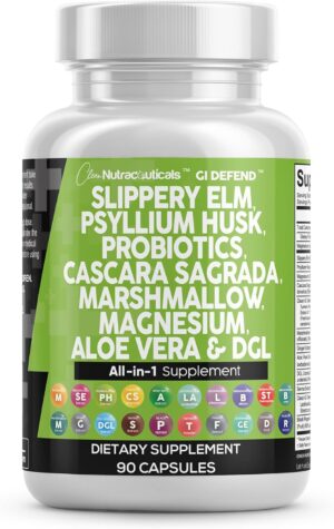Clean Nutraceuticals Slippery Elm Psyllium Husk Pre Probiotic Digestive Gut Health Supplement with Aloe Vera Cascara Sagrada Marshmallow Root DGL Licorice Senna Extract Clean Nutraceuticals Slippery Elm Psyllium Husk Pre Probiotic Digestive Gut Health Supplement with Aloe Vera Cascara Sagrada Marshmallow Root DGL Licorice Senna Extract