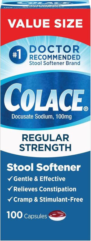 Colace Regular Strength Stool Softener 100 mg Capsules 100 Count Docusate Sodium Stimulant-Free for Gentle, Dependable Occasional Constipation Relief