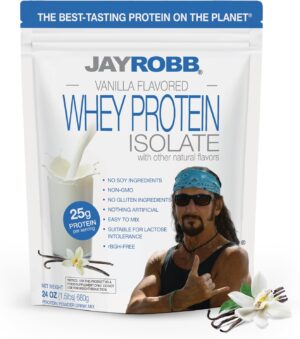 JAYROBB Whey Vanilla Isolate Protein Powder Low Carb Keto Vegetarian Gluten Free Lactose Free No Sugar Added No Fat No Soy Nothing Artificial Non-GMO Best-Tasting (24 oz) Grass-Fed