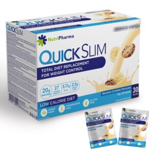 Quick Slim High Protein Shakes for Weight Loss, 30 Servings, Complete Meal Replacement Powder, Diet Shakes for Women & Men, 20g Protein, 27 Vit & Min, Keto, Gluten Free (Banana Cookies, 30 Sachets)